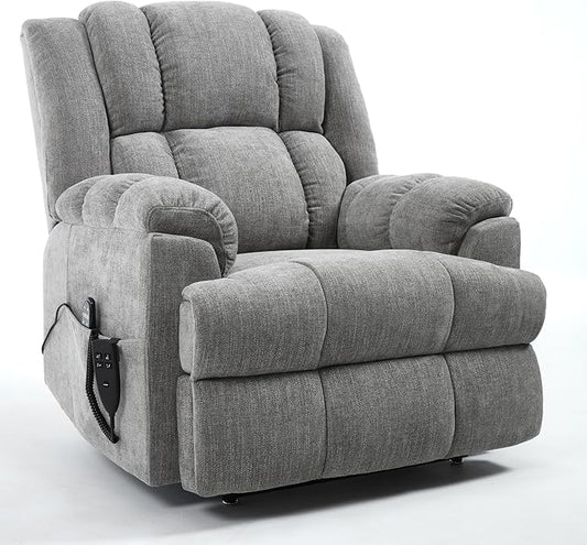 Power Lift Recliner Chair for Elderly, Oversized Chenille Electric Recliners Chairs for Living Room, Dual Motor 180° Lay Flat Recliner Big Sofa with Massage and Heating, Heavy-Duty, Light Grey