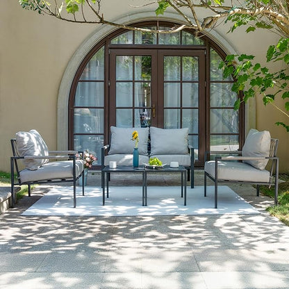 Sundale Outdoor 5 Pieces Patio Furniture Set, All-Weather Metal Outdoor Conversation Set with 6 Inch Cushions and Coffee Tables, Outdoor Furniture Set for Backyard, Balcony, Poolside, Light Grey