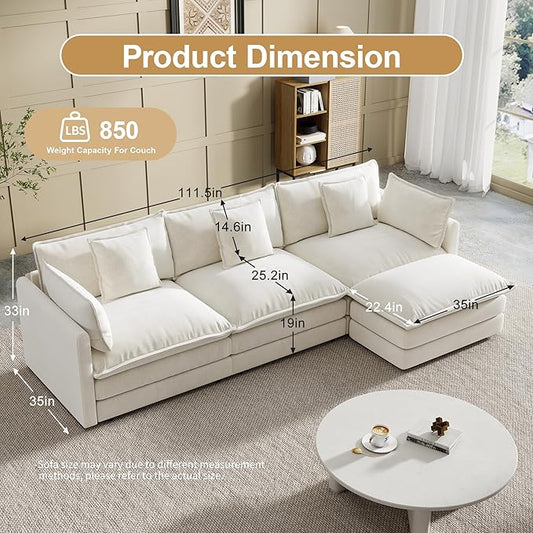Modular Sectional Sofa, 111.5 Inch L-Shaped Cloud Sofa with Deep Seat Chenille Sofa with Cushions, Three-Self Sectional Sofa for Living Room Apartment,White