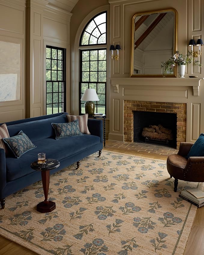 Loloi Chris Loves Julia Rue Collection RUE-04 Moss/Blue 7'-6" x 9'-6" Area Rug Jute Neutral Floral Living Room Bedroom Rug
