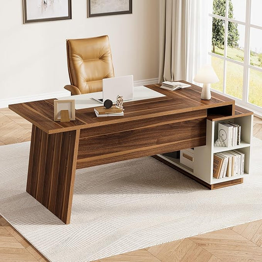 LITTLE TREE 70.5-Inch Executive Desk, Large Home Office Desk with Storage Cabinet and Open Shelves, L-Shaped Computer Corner Desk, Workstation for Office Home, Walnut and Black