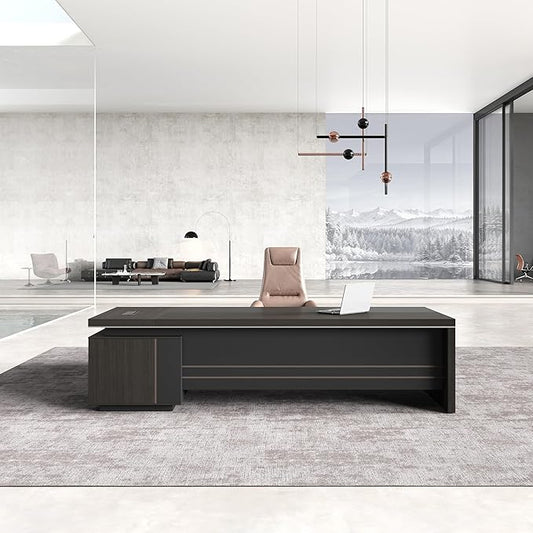 Reversible L Shaped Executive Desk with Lockable Drawers, Power Box & Cable Management, Dual-Tone Modern Wood Office Desk with Storage Cabinets & Privacy Panel for Home Office