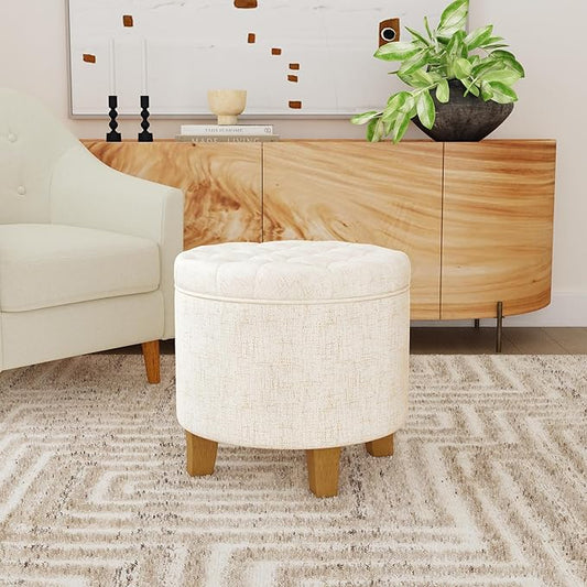 Homepop Home Decor | Upholstered Round Tufted Foot Rest Ottoman | Ottoman with Storage for Living Room & Bedroom | Decorative Home Furniture, Cream Textured Solid