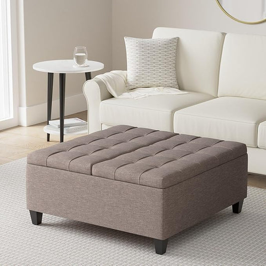 SIMPLIHOME Harrison Coffee Table Storage Ottoman - 36 inch Wide Upholstered Linen Look Fabric Square Lift-Top Ottoman in Fawn Brown, Transitional Ottoman for Living Room with Hidden Storage
