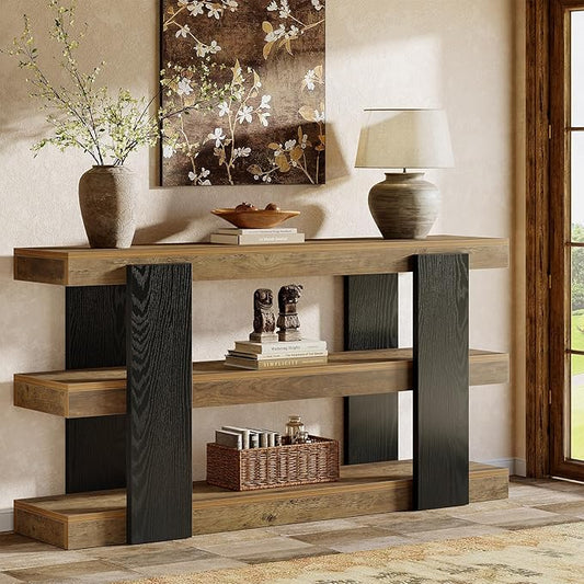 Tribesigns 63-Inch Long Console Table, 3-Tier Entryway Table with Storage, Farmhouse Wood Behind Couch Tables for Entryway, Living Room, Hallway, Rustic Brown & Black