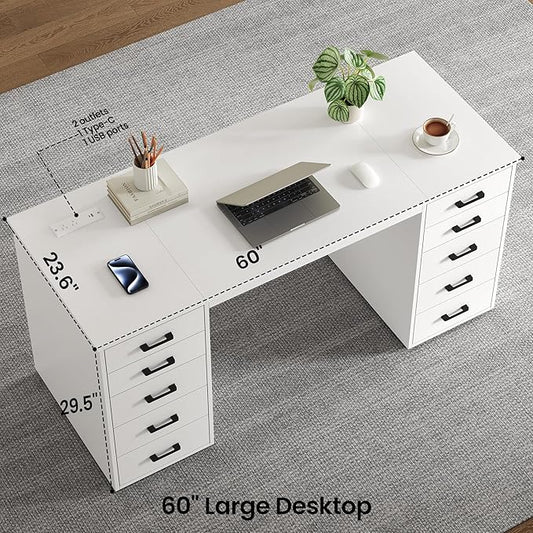 WOPITUES 60" Modern Home Office Desk with 10 Wooden Drawers, Computer Writing Desk with Power Outlets, Large Executive Desk with Storage Cabinet for Work Study Writing Craft, Pure White