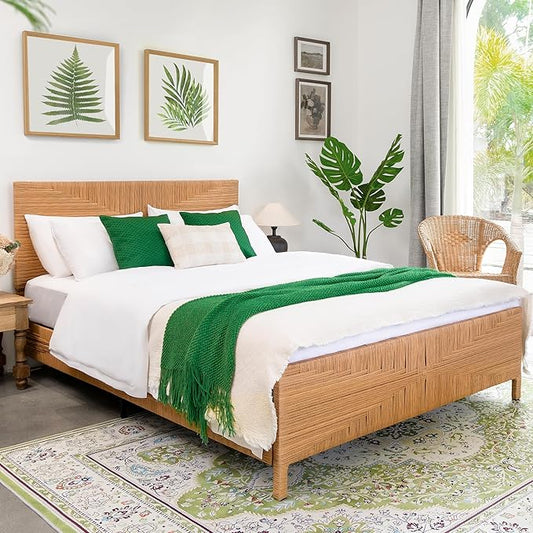 Yechen Boho Full Bed Frame with Headboard and Footboard, Hand-Woven Rattan Mid Century Modern Bedframe with Vintage Pattern, Wicker Bed with Metal Frame and Metal Slats, No Box Spring Needed, 1000lbs