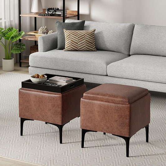 SIMPLIHOME Natasha 18 inch Wide Contemporary Square Mid Century Storage Ottoman with Tray in Distressed Saddle Brown Vegan Faux Leather, Assembled, For the Living Room, Entryway and Family Room