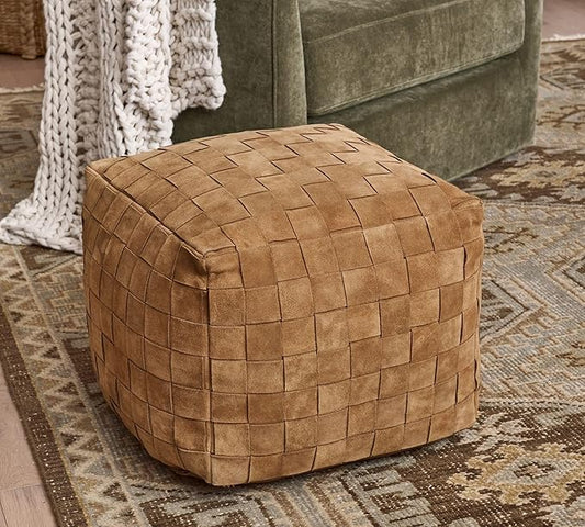 Luxury Handcrafted Suede Basketweave Pouf Ottoman – Soft & Durable Floor Cushion, Footrest, and Accent Seating for Living Room, Bedroom, & Office – Stylish Modern Home Décor (Camel, 18" x 18" x 14")
