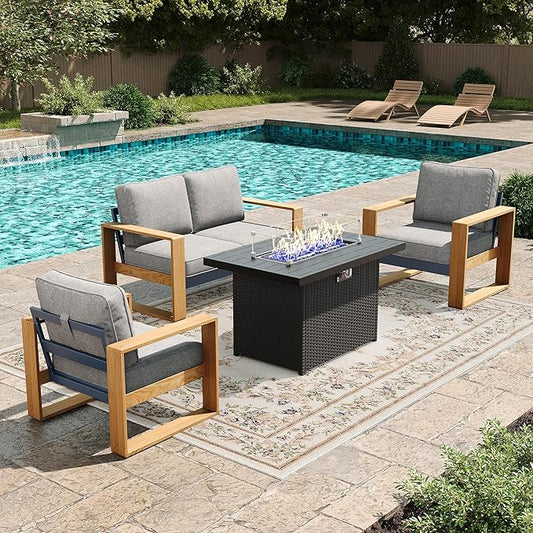 LayinSun 4 Pieces Aluminum Patio Furniture Set with Fire Pit Table, Oversized Seat with Hight Back, Outdoor Conversation Sets for Porch, Balcony, Deck
