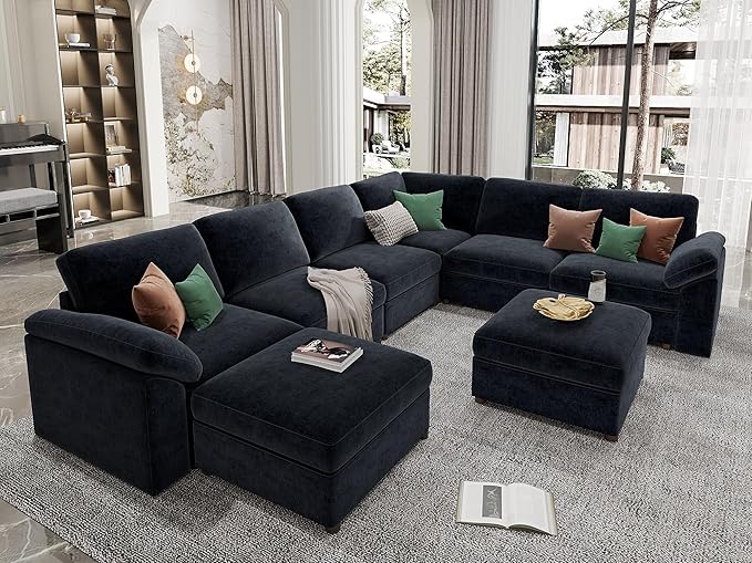 EASE MOOSE Oversized U Shape Sectional Couch Wide Deep seat Modular Cloud Sofa,FSC Certified Comfortable Chenille Blue Cloud Couch sectional Sofa