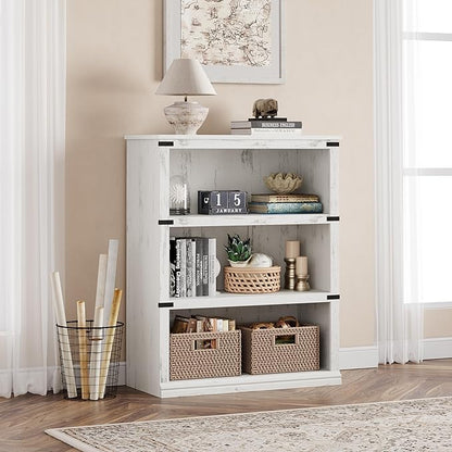 IDEALHOUSE 3 Tier Bookcase, Farmhouse Book Shelf with Storage, Low Book Case Wooden 3 Shelf Bookcase for Home Office, Living Room, Bed Room (White, 40.0" H x 31.5" W x 12.2" D)