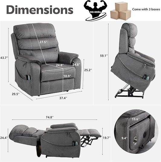 Power Lift Recliners Chairs for Elderly Adults Lay Flat Recliner with Heat & Massage, Wireless Charging Device, USB Ports, Cup Holder, Lumbar Pillow, 400Lbs（Grainy Fibric,Grey）