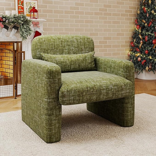 LSSPAID Modern Accent Chairs, Chenille Fabric Armchairs for Living Room, Comfy Upholstered Leisure Single Sofa Chair with Lumbar Pillow for Bedroom, Balcony, Office (Green, Set of 1)
