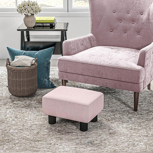 HOMCOM Ottoman Foot Rest, Small Foot Stool with Linen Fabric Upholstery and Plastic Legs, Cube Ottoman for Living Room, Pink