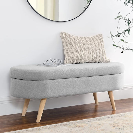 Storage Ottoman Bench 43" Storage Bench for Bedroom, Upholstered Soft Boucle Fabric End of Bed with Safety Hinge Solid Wood Legs Foot Stool Benches for Hallway,Closet,Oval, Entryway, Grey