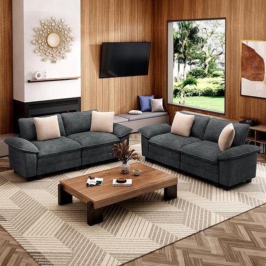 L-Shaped Cloud Modular Sofa Set, 4-Piece Double Loveseat Sectional w/Deep Seat & Removable Arms, Plush Chenille for Living Room - Cyan