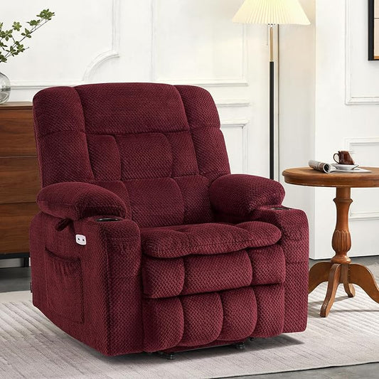 MCombo Dual Motor Power Lift Recliner Chair for Elderly, Lay Flat Lift Chair with Heat and Massage, Petite Wide Lift Chair, Cup Holders, USB A&C Ports, Fabric R7894 (Small-Wide, Burgundy)