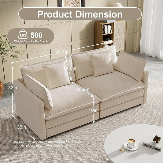 Modular Sectional Sofa, 76.7 Inch I-Shaped Cloud Sofa with Deep Seat Comfortable Chenille Sofa with Cushion Double Sectional Sofa for Living Room Apartment,Light Coffee