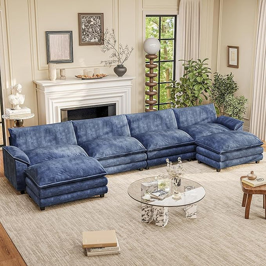 Furniwell Modular Sectional Sofa with Moveable Ottoman, Oversized 3-Seater Couch with Supportive Backrest, Chenille Convertible Sofa Couches for Living Room/Apartment (Blue, U Shaped)