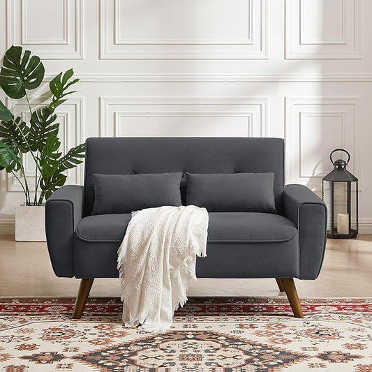 48.8" Small Loveseat Sofa, Mid Century Modern Love Seat Couch with Back Cushions and Plastic Legs, 2 Seater Couches for Living Room, Bedroom, Small Spaces, Dark Grey