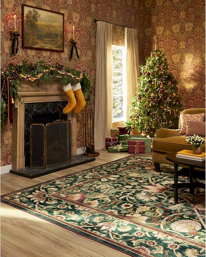 RUGGABLE x Morris & Co Machine Washable Area Rug – Lodden Soft Evergreen & Gold 8x10, Stain-Resistant, Non-Slip – Large Rugs for Living Room, Bedroom, Hallway, Entryway & Office–with Cushioned Pad