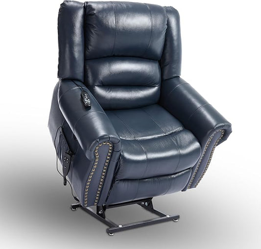 Luxlen Power Lift Recliner Chair for Elderly, Dual Motor Massage Recliner with Lumbar Heat, Heavy Duty Motion Mechanism Lift Chair with Charge Ports, Genuine Leather - Blue