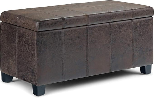 SIMPLIHOME Dover 36 inch Wide Contemporary Rectangle Storage Ottoman Bench in Distressed Brown Vegan Faux Leather, Assembled, for the Living Room, Entryway and Family Room