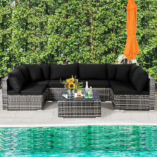 Tangkula 7 Pieces Patio Rattan Furniture Set, Patiojoy Outdoor Conversation Set with Cushions and Tempered Glass Coffee Table, All-Weather Sectional Sofa Set for Garden, Lawn, Backyard (Black)