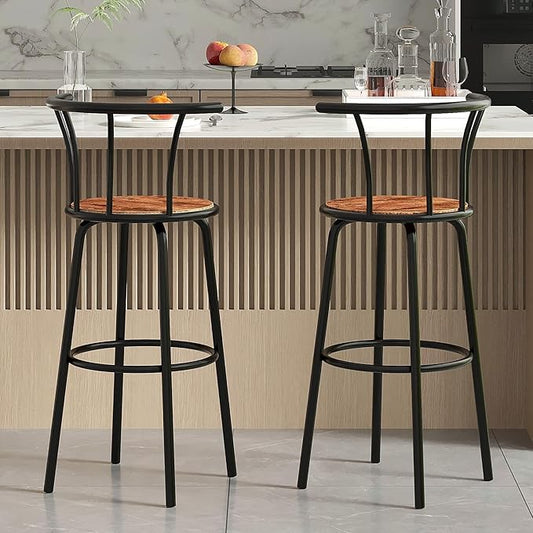 VECELO Bar Stools Set of 2, Swivel Counter Barstools with Backrest, Bar Height Chairs for Dining Room, Kitchen Island, Pub, Easy Assembly, Retro Brown