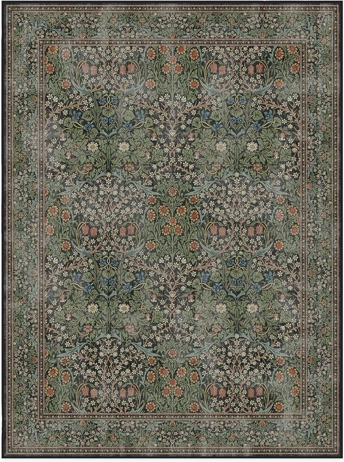 RUGGABLE x Morris & Co Washable Area Rug– Blackthorn Forest Green 9x12, Stain-Resistant, Non-Slip – Large Machine Washable Rugs for Living Room, Bedroom, Hallway, Entryway & Office–with Cushioned Pad