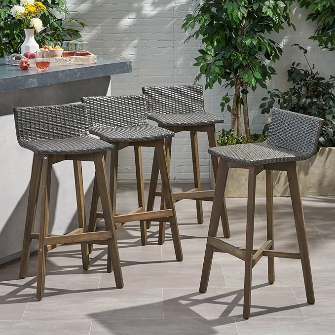 Christopher Knight Home La Brea Outdoor Wood & Wicker Barstools (Set of 4), Gray