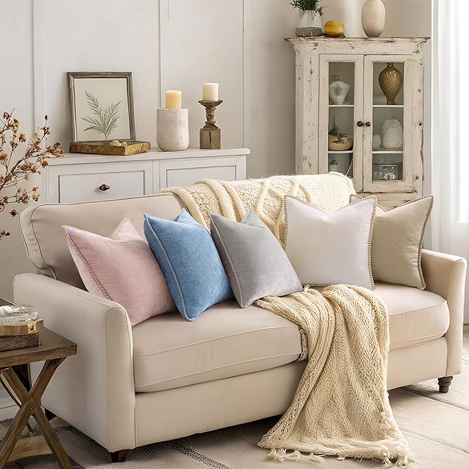 decorUhome Chenille Soft Throw Pillow Covers 18x18 Set of 2, Farmhouse Velvet Neutral Decorative Euro Pillow Covers with Stitched Edge for Couch Sofa Bed Home Decor, Beige