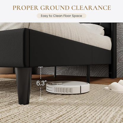 SHA CERLIN King Size Bed Frame with Charging Station and LED Lights, Modern Velvet Platform Bed with Upholstered Geometric Wingback Headboard, No Box Spring Needed, Easy Assembly, Black