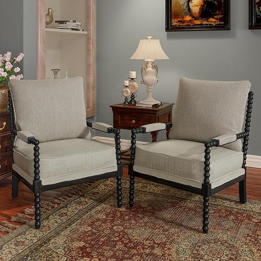 Morden Fort Linen Fabric Spindle Accent Chairs Set of 2, French Style Chairs with High Resilience Spring Cushion and Armrest Pads, Leisure Armchair for Living Room Bedroom Farmhouse Office Balcony