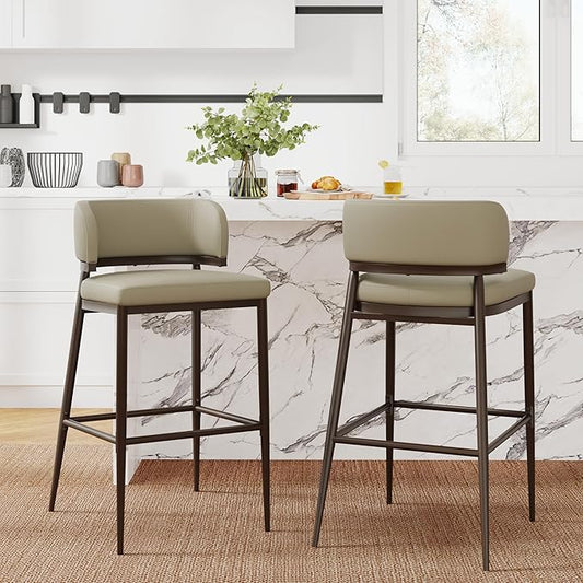 Christopher Knight Home Ebany Barstools Set of 2, Metal Frame Counter Stools, Upholstered Kitchen Chair, Curved Back Support Bistro Chairs, 30" H Island Stool for Dining Kitchen Cafeteria, Khaki