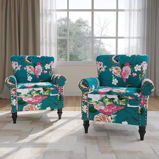 Accent Chair, Upholstered High Back Floral Armchair with Nailhead Trim & Wood Legs, Comfy Wingback Reading Single Sofa Chair for Small Spaces, Living Room, Bedroom (Blue Floral, Set of 2)