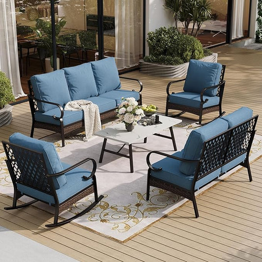5 Piece Metal Outdoor Patio Furniture Set, Patio Conversation Set with 3-Seater Sofa, Loveseat, 2 Rocking Sofa (5.75" Thick Cushion) & Coffee Table Black Backyard Furniture, Denim Blue