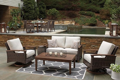 Signature Design by Ashley Paradise Trail Outdoor Swivel Upholstered Lounge Chair with All Weather Cushion, Set of 2, Cleanable Performance Fabric, Beige