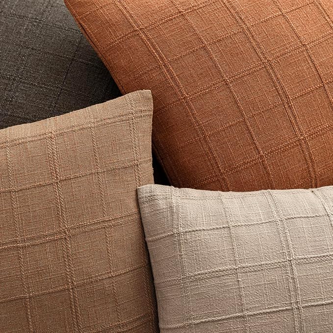 Foindtower Set of 2 Decorative Linen Check Throw Pillow Covers Neutral Farmhouse Vintage Cushion Covers Modern Boho Home Decor for Sofa Chair Couch Bedroom Living Room,24×24 Inch,Orange