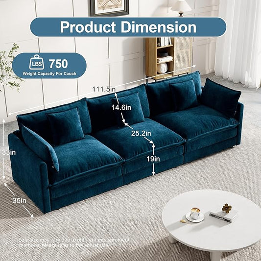 Modular Sectional Sofa, 111.5 Inch I-Shaped Cloud Sofa with Deep Seat Chenille Sofa with Cushions, Three-Self Sectional Sofa for Living Room Apartment,Blue