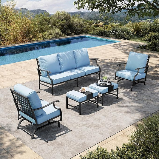 HERA'S HOUSE 5 Pieces Patio Furniture Set, 2 x Cushioned Rocking Chair, 2 x Ottoman, 1 x 3-Seat Sofa, All Cushioned 7 Seats Outdoor Conversation Set for Lawn Garden Backyard, Blue