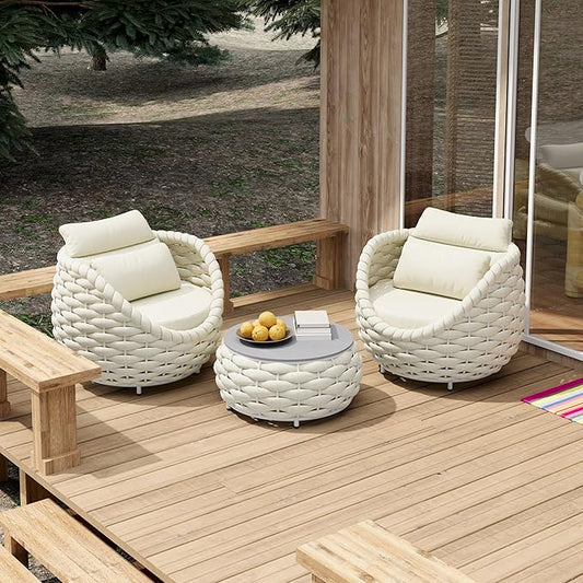 Front Porch Furniture Set 3 Piece: Aluminum Woven Rope Patio Conversation Sofa Set for 2 - Assembled Outdoor Deck Couch Armchair Set Cushions - for 400lb Balcony Pool Yard Bistro Hotel Lanai - Beige