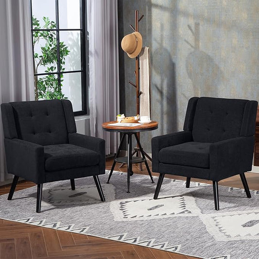Mid-Century Modern Accent Chair Set of 2, Plush Linen Fabric with Button Tufted High Back & 5" Thick Cushion, High Comfort Reading Chair for Living Room, Bedroom, Office (Black)