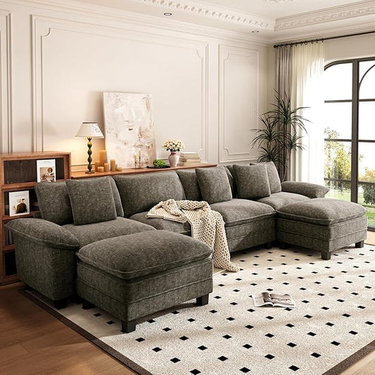 PHI VILLA Cloud Modular Couch Sets, 157.5" Sectional Sofa with U-Shaped Chaise, 6-Seater Couches with Movable Ottomans for Living Room, Chenille Fabric, Smoky Grey