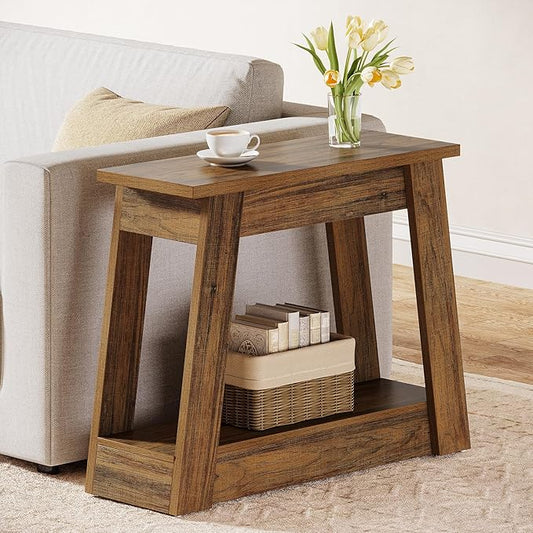 Tribesigns Wood End Table, Small Side Table with 2 Storage Shelves, Rustic Accent Narrow Nightstand for Living Room, Bedroom (1)
