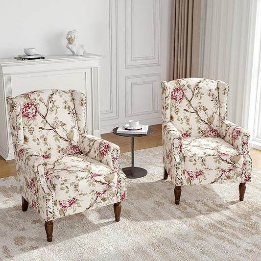 Floral Wingback Accent Chairs Set of 2, High Back Upholstered Armchair, Comfy Fabric Wingback Arms Chairs with Solid Wood Legs, Single Sofa Reading Chair for Bedroom Living Room, Beige