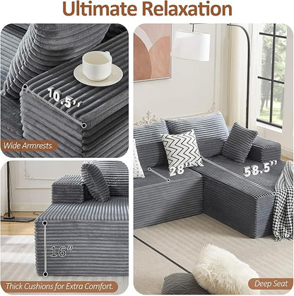 110" Boneless Sectional Couch with Chaise Lounge, Cloud Couch Compressed Sofa L Shape, No Assembly Memory Foam Sofa for Living Room, Grey Corduroy