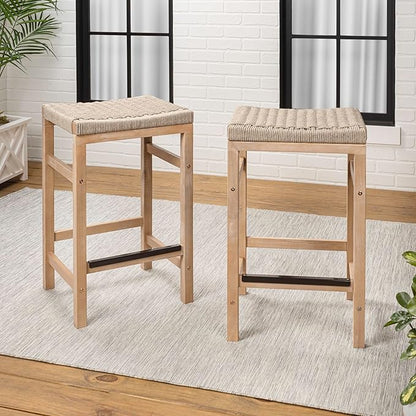 JONATHAN Y CSL1201A-SET2 Armand 25.6" Modern Coastal Backless Acacia Wood Outdoor Counter Stool with Woven Rope Seat, for Pool, Deck, Poolside, Light Teak/Ivory (Set of 2)