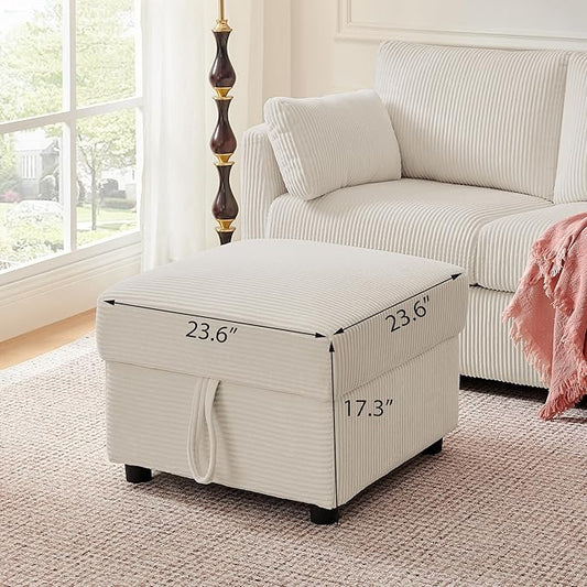 Corduroy Storage Ottoman for Living Room Sofas Couches, Square Ottoman with Storage Space Foot Rest Stool for Apartment, Dorm, Entryway, Beige